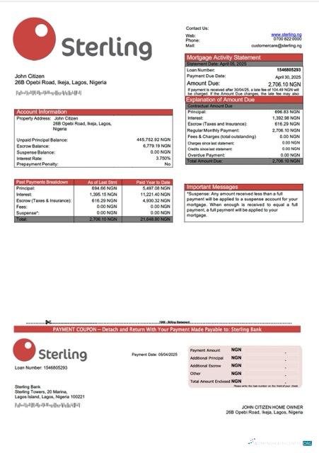 Download Nigeria Sterling Bank mortgage statement Word and PDF template Photoshop template
